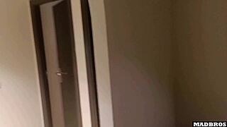 Skinny Spanish babe fingers pussy then rides roommate's cock doggy in dorm rough fuck!