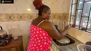 BBW stepmom bent over kitchen counter for big black cock doggystyle pounding