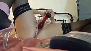 White Amateur Slut Fucked in Beaded Dress Pink Satin Tanga Stockings High Heels with Ass Licking