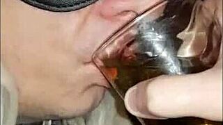 Girlfriend Forces Blindfolded Crossdresser Swallow Own Pee