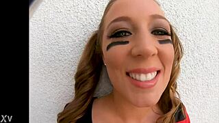 Febby twigs dazzles as cute cheerleader slurping huge cock in pov before swallowing every drop