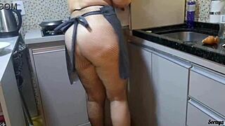 Saw my mother-in-law naked cooking dinner, ready for hardcore kitchen sex