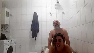 we fucked wildly in the bathroom after our wet pool workout