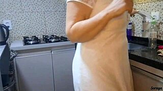 Saw my mother-in-law naked cooking dinner, ready for hardcore kitchen sex