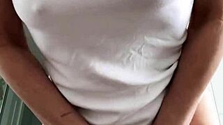 Baby Oil Soaks Brunette Milf's Big Clit Pussy Lips In Wet T-Shirt Striptease Solo