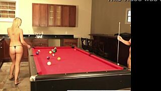Cute lesbian teen flashes natural tits on billiard table while dildoing pussy