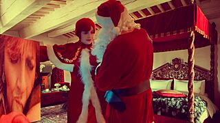 Granny Carmen sucks Santa's cock then rides him cowgirl on Christmas