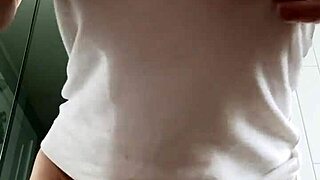 Baby Oil Soaks Brunette Milf's Big Clit Pussy Lips In Wet T-Shirt Striptease Solo