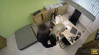 Busty blonde Blanche trades office sex for loan approval cash