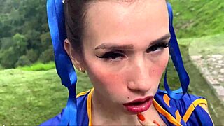 chun-li twerks ass while sucking cock in cosplay outdoor