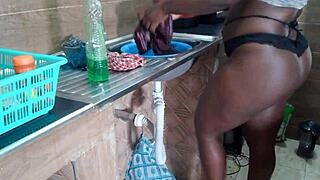 chocolate's shaved pussy exposed in homemade wife video