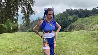chun-li twerks ass while sucking cock in cosplay outdoor