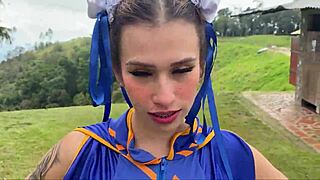 chun-li twerks ass while sucking cock in cosplay outdoor