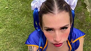 chun-li twerks ass while sucking cock in cosplay outdoor