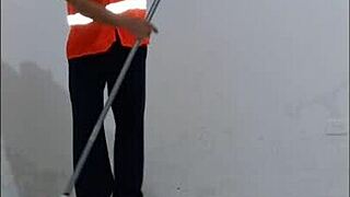 🧹cleaner seduced by horny nurse puts on condom fucks her standing in hospital halls!
