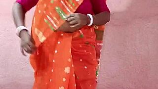 saree-clad curvy indian brunette beauty poses seductively