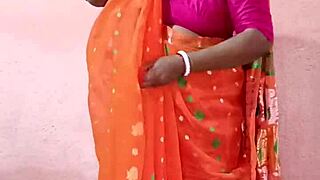 saree-clad curvy indian brunette beauty poses seductively