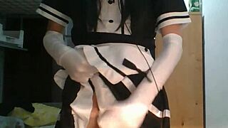 little FEMBOY MAID in stockings glasses COSPLAY swallows OWN CUMSHOT
