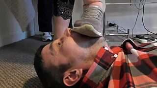 Worship clunky filthy sneakers under femdom trampling