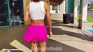 Skinny latina bunny flashes hairy pussy in public miniskirt