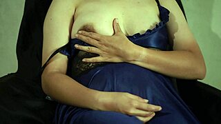 Hyper wet colmek in blue satin lingerie drenches my huge tits and ass