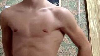 flexible skinny boy bodybuilder stretches after study homemade