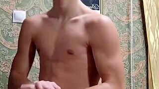 flexible skinny boy bodybuilder stretches after study homemade