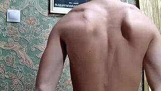 flexible skinny boy bodybuilder stretches after study homemade