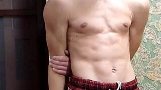 flexible skinny boy bodybuilder stretches after study homemade