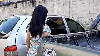 Big titted brunette dominatrix slut crushes submission in amateur car domination frenzy