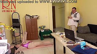 Regina Noir, yoga in office turning naked and submissive for close-up pussy?