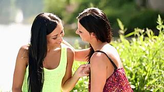 two natural boob brunettes lick shaved pussies finger and fuck seductive in forest woods