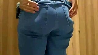 teen squats over public toilet squirting closeup with door wide open
