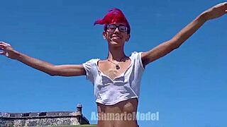 latina petite slut flashes hairy pussy upskirts downblouses barefoot braless outdoors