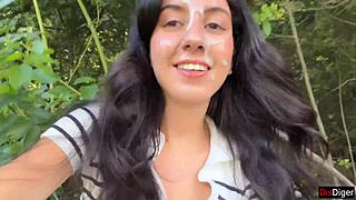 we cumwalk beachside then fuck risky in bushes closeup brunette pov