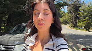 we cumwalk beachside then fuck risky in bushes closeup brunette pov