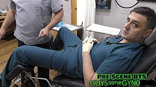 Behind Scenes Nurse in Latex Examines Patient's Penis Up Close with Spreading Tits