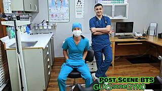 Behind Scenes Nurse in Latex Examines Patient's Penis Up Close with Spreading Tits