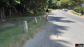 we cumwalk beachside then fuck risky in bushes closeup brunette pov