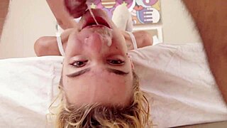 skinny blonde bimbo gurgles through deep sloppy throatfuck drooling mess everywhere