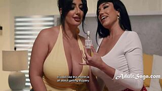 sarah arabic's huge tits caught licking wet pussy scissoring. busty arab lesbian muff dives hard