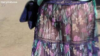 hairy mature flashes pussy through transparent dress