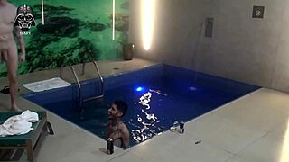 Brazilian blonde bareback threesome with friends in motel pool