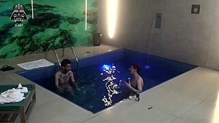Brazilian blonde bareback threesome with friends in motel pool