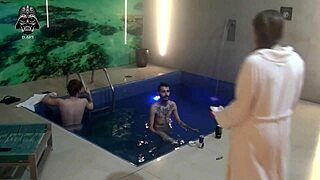 Brazilian blonde bareback threesome with friends in motel pool