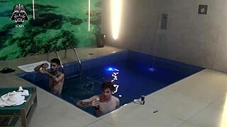 Brazilian blonde bareback threesome with friends in motel pool