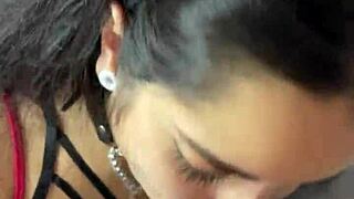 Submissive devil Debora Prado smokes then gulps my thick cock in hungry Halloween blowjob