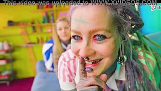 Skinny tattooed slut in alternative costume takes double penetration assfucking 4some with facefucking sloppy facial cumshot.