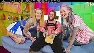 Skinny tattooed slut in alternative costume takes double penetration assfucking 4some with facefucking sloppy facial cumshot.