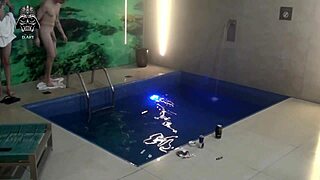 Brazilian blonde bareback threesome with friends in motel pool